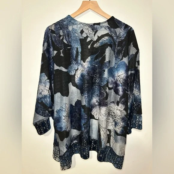 Chico's Knit Jacquard Duster Open Front Cardigan XXL Blue Burnout Knit Elbow SLV - Picture 3 of 11